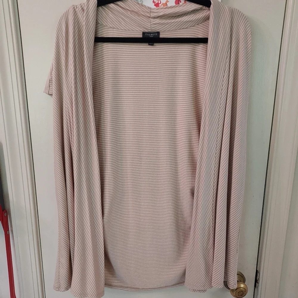 Talbots Cream & Tan Striped Open Cardigan Short Sleeves in Size 1X